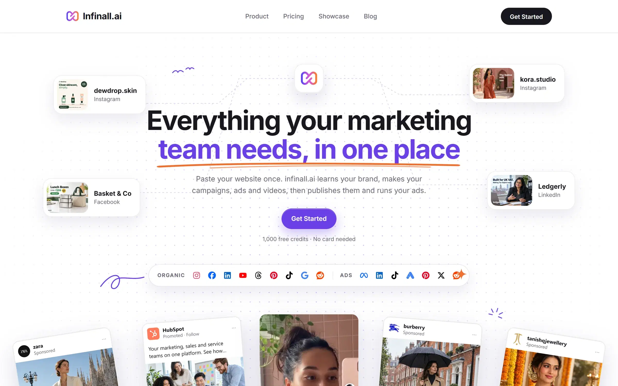 The infinall.ai home page: Everything your marketing team needs, in one place.